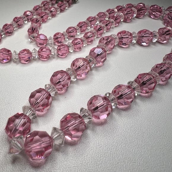 Crystal Doll Jewelry - Art Deco Pink Crystal Bead Necklace: Vintage Geometric Faceted Glass